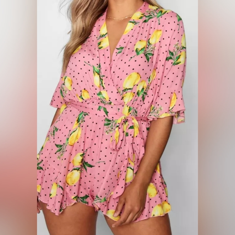 PLUS LEMON POLKA DOT WRAP RUFFLE ROMPER